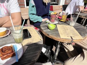 Iced matcha, cinnamon bun, raspberry chia pudding, cappuccino - all plant-based   at Galerie POP in Domburg