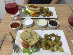 Burger with bread instead of bun - very delicious!  at Mantra Alimentación Consciente in Tarapoto
