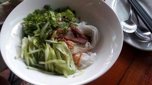 noodles with mock meat at Vegetarian in the Golden Age in Vientiane