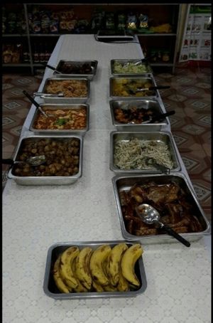 buffet table at Vegetarian in the Golden Age in Vientiane