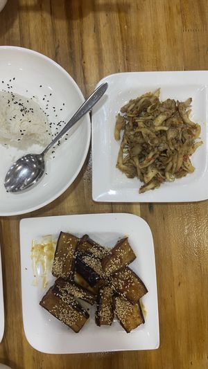 Eggplant, mushrooms and rice  at Vegetarian in the Golden Age in Vientiane