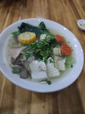 Soup with veggies at Vegetarian in the Golden Age in Vientiane