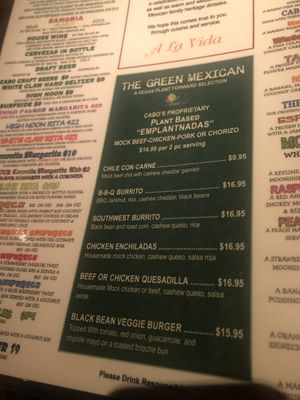 Vegan menu   at Cabo RVC in Rockville Centre