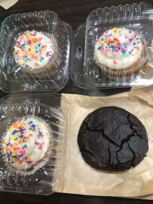 3 vanilla cupcakes and a giant cookie for $12 at Hocking Hills Coffee Emporium in Logan