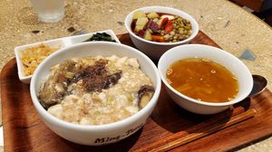Lunch set, with the White Mapo Tofu option and soy desert option (both yum). Also pictured are the curry mushroom soup and side dishes. at Ming-Teng HAO HAO in Tokyo