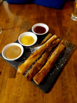 Warm chocolate cigars with three types of sauce. Delicious! at Elements in Whistler