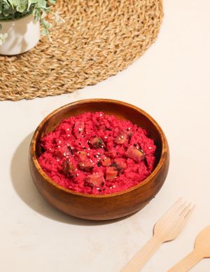 Pink Mushroom Hummus
(Home-made authentic hummus made with real Tahini!)  at Gaia Healing Meals in Quezon City