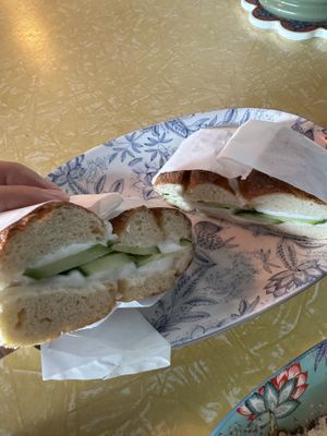 Plain bagel with cream cheese and cucumber   at Bury Me Standing in Cairns