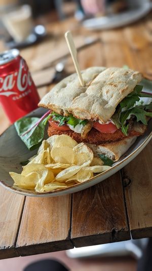 Plant based schnitzel on Turkish at Freudian Sip in Leura