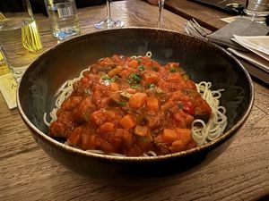 Vegan spaghetti   at Hof Van Rembrandt in Bruges