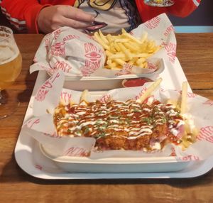 Loaded fries and burger plates at Dirty Vegan - Barcode Street Food in Oslo