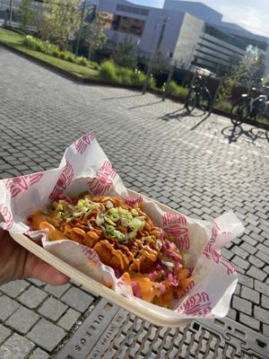 Loaded fries with chicken strips  at Dirty Vegan - Barcode Street Food in Oslo