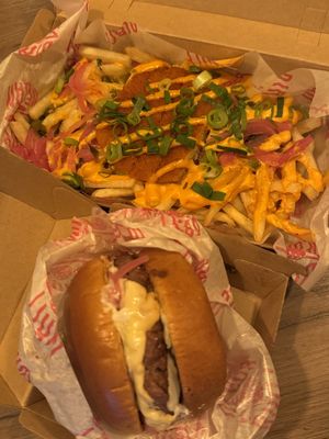 Truff Love burger and Sidechick loaded fries  at Dirty Vegan - Barcode Street Food in Oslo