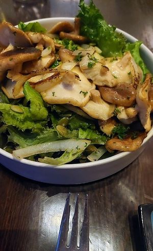 Mushrooms subbed into our salad, so good with pumpkin seeds and oil at The Silver Fork in Manchester