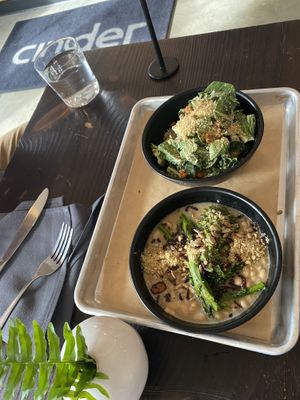 Vegan ceasar top beans and greens bottom  at Cinder Restaurant in Westerly