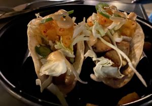 The tofu tacos with modifications to make them vegan. Delicious!  at Cinder Restaurant in Westerly