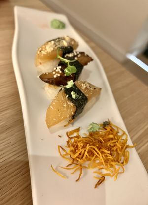 Pear nigiri and shiitake nigiri   at MUDRA Plant Based  in Madrid