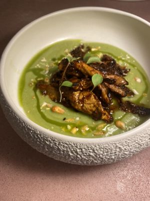 Green gazpacho with marinated oyster mushrooms  at MUDRA Plant Based  in Madrid