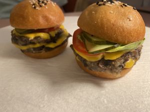 Double portobello burger with fried potato skin  at MUDRA Plant Based  in Madrid