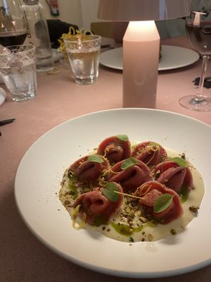 Ricotta tortellini in a lemon, thyme and pistachio sauce  at MUDRA Plant Based  in Madrid