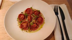 Tortellinis de ricota. Muy buenos, pero ración muy pequeña at MUDRA Plant Based  in Madrid