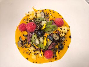 Had this desert on my second visit. A bounty of fruits...loved! at MUDRA Plant Based  in Madrid