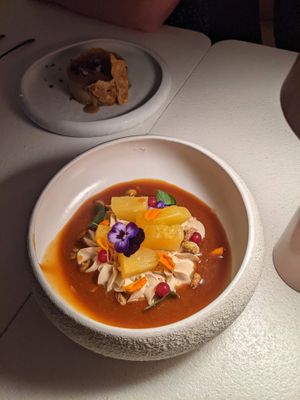 pineapple with salted caramel at MUDRA Plant Based  in Madrid