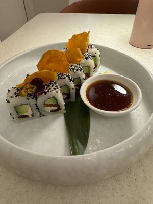 Tomato cashew cheese sushi   at MUDRA Plant Based  in Madrid