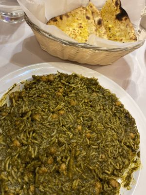channa saag and garlic roti  at Sajna Indian Cuisine in Hollywood