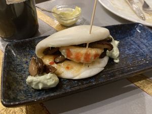 Vegan fake shrimp bao bun with stunning mushrooms  at Amberes The Vegetarian Wine And Cocktail Bar in Valencia