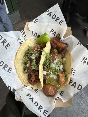 Charred cauliflower and crispy potato tacos  at Tacos Padre - Food Stall in South East London