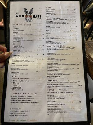 Online menu is outdated. This is the current menu as of July 2022  at The Wild Hare in Stillwater