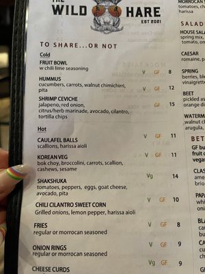 Online menu is outdated. This is the current menu as of July 2022. V = vegan  at The Wild Hare in Stillwater