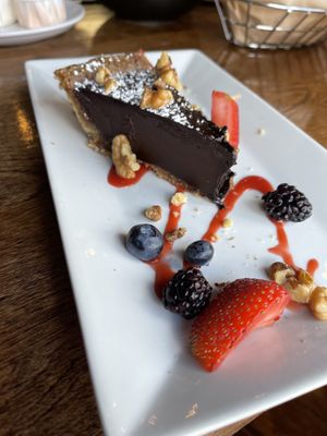 Chocolate Pie was rich and tasty. Fruit was hella fresh. Vegan and gluten-free   at The Wild Hare in Stillwater