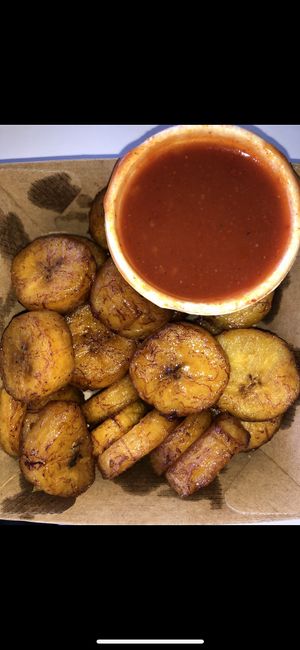Fried plantain with sauce   at Fulani - Afro Caribbean Street Food in Oslo