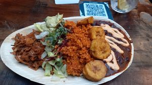 Jackfruit, quinoa, salad, beans and bananas at Fulani - Afro Caribbean Street Food in Oslo