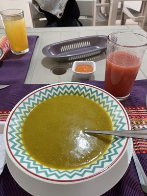 Soup with strawberry drink  at Las Veganas in Medellin