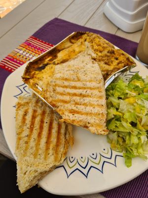 Lasagne and salad and bread at Las Veganas in Medellin