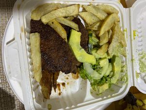 seitan with fries and avocado at Las Veganas in Medellin