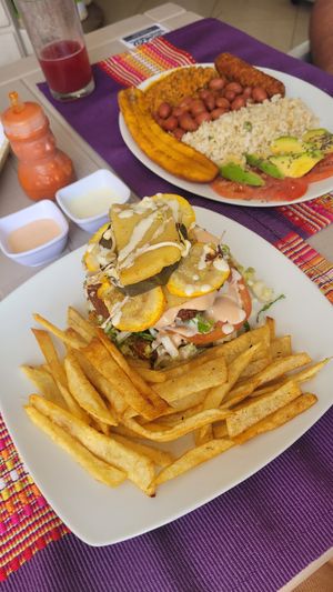 homemade fries, vegan homemade cheese with vegetables 🥰 at Las Veganas in Medellin