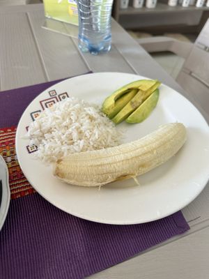Rice, banana, avocado   at Las Veganas in Medellin