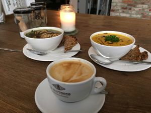 soup and coffee at Jivamukti Canteen in Berlin