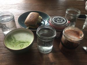 Matcha Latte, 'The Local' Sandwich, Breakfast Cacao Jar, Makao. at Jivamukti Canteen in Berlin
