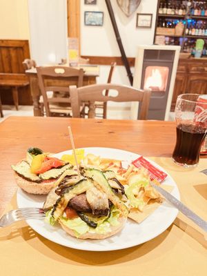 Vegan burger with fries   at Brandibirra in San Vincenzo