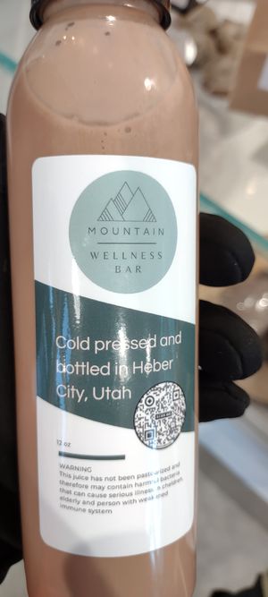This was the 1st time I've EVER seen vegan chocolate milk at a restaurant!  Made w almond milk, & free of white refined sugar. It was so good! (NOTE: They were using the same label on all house-made drink options. Choc milk is not "cold pressed".) at Mountain Wellness in Heber City