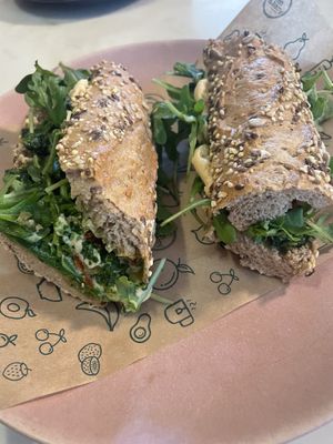 Mediterranean vegan baguette with hummus and salad  at Green&Berry Corner in Barcelona