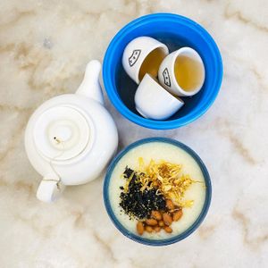 Porridge and tea  at Shan Vege Dimsum 膳济素食点心楼 in Johor Bahru