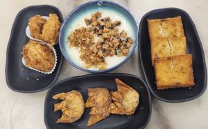 Fish porridge, carrot cake, prawn dumpling, yam fritters at Shan Vege Dimsum 膳济素食点心楼 in Johor Bahru