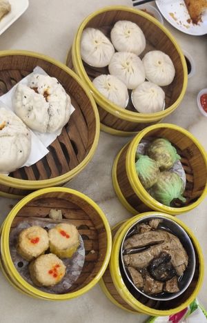 Char siew buns, xiaolong bao, siew mai, braised chicken legs, har kaos at Shan Vege Dimsum 膳济素食点心楼 in Johor Bahru
