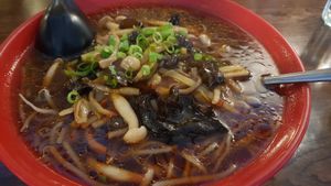 Spicy shimeji mushrooms and black fungus with ramen noodles at Nudo Noodle House in Newcastle Upon Tyne